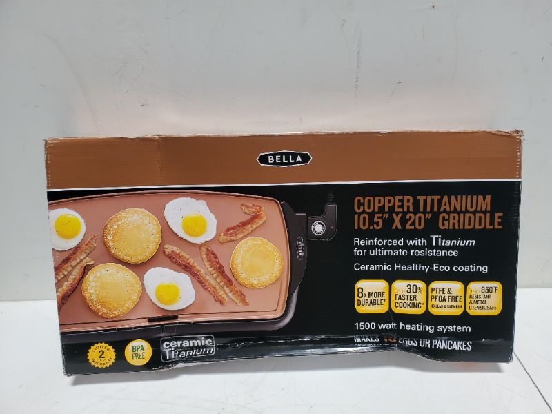 Photo 2 of BELLA Electric Ceramic Titanium Griddle, Make 10 Eggs At Once, Healthy-Eco Non-stick Coating, Hassle-Free Clean Up, Large Submersible Cooking Surface, 10.5" x 20", Copper/Black 