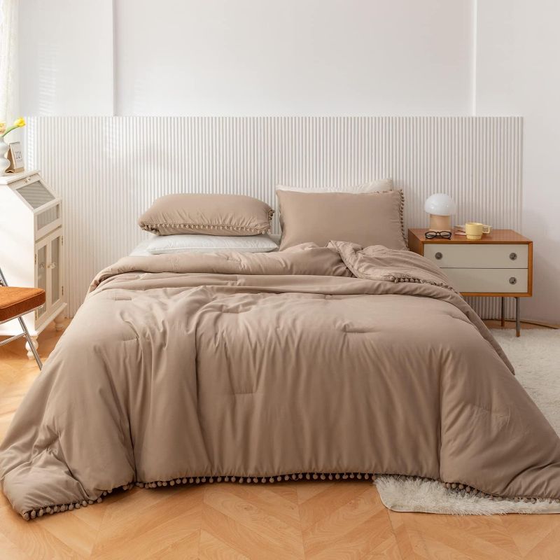 Photo 1 of YIRDDEO Taupe Queen Comforter Queen Set 3pcs Boho Ball Pom Pom Bedding, Aesthetic Khaki Comforter Queen Sized Comforter Sets Bed Set Tan Bed Set for Women Men (1 Comforter 2 Pillowcases)