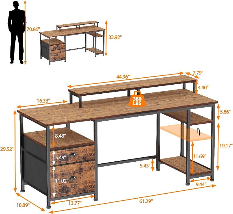 Photo 2 of Furologee Computer Desk with Shelves and Drawer, 61" Long Desk with Fabric File Drawer, Industrial Writing Desk with Large Monitor Stand, Study Gaming Table Workstation for Home Office, Rustic Brown