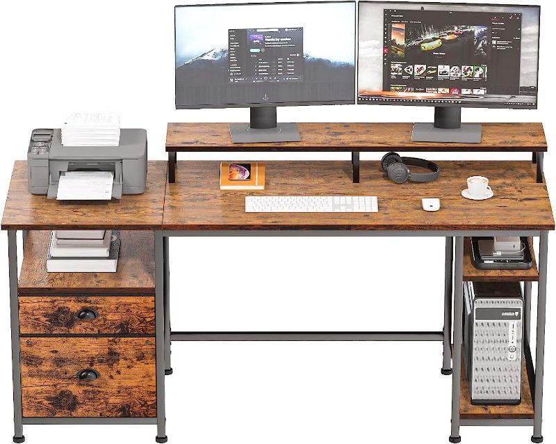 Photo 1 of Furologee Computer Desk with Shelves and Drawer, 61" Long Desk with Fabric File Drawer, Industrial Writing Desk with Large Monitor Stand, Study Gaming Table Workstation for Home Office, Rustic Brown