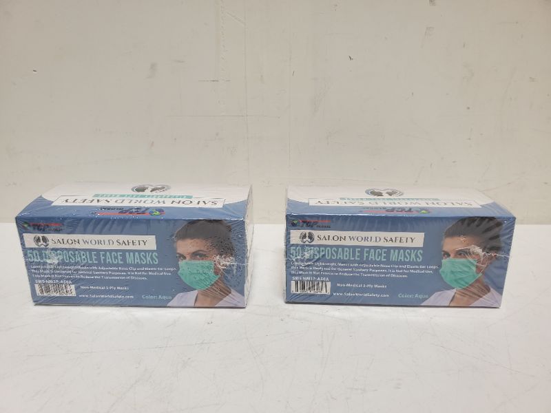 Photo 2 of PACK OF 2 - Salon World Safety Aqua Masks (SEALED Dispenser Box of 50) - 3 Layer Disposable Protective Face Masks with Nose Clip and Ear Loops  