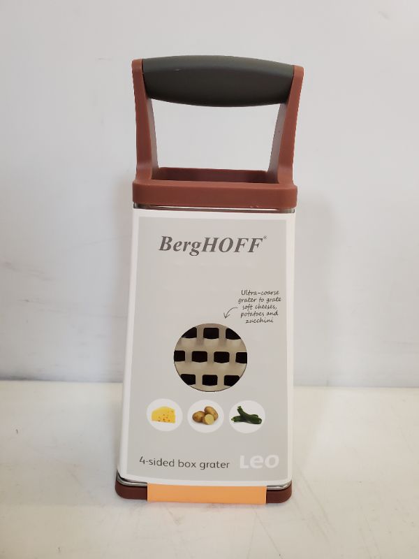 Photo 2 of BergHOFF Leo Stainless Steel Blade 4-Sided Box Grater Anti-Skid Base Fine Ultra Coarse Slicer 10" Pink Grey Ergonomically Designed Handle Grate Slice Shred