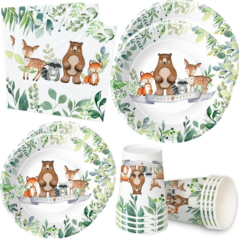 Photo 1 of HIPVVILD Woodland Baby Shower Decorations Tableware - Woodland Birthday Party Supplies Include Plates, Napkins, Cup, Woodland Creatures Forest Animal Friends Theme Party Supplies Dinnerware | Serve 24