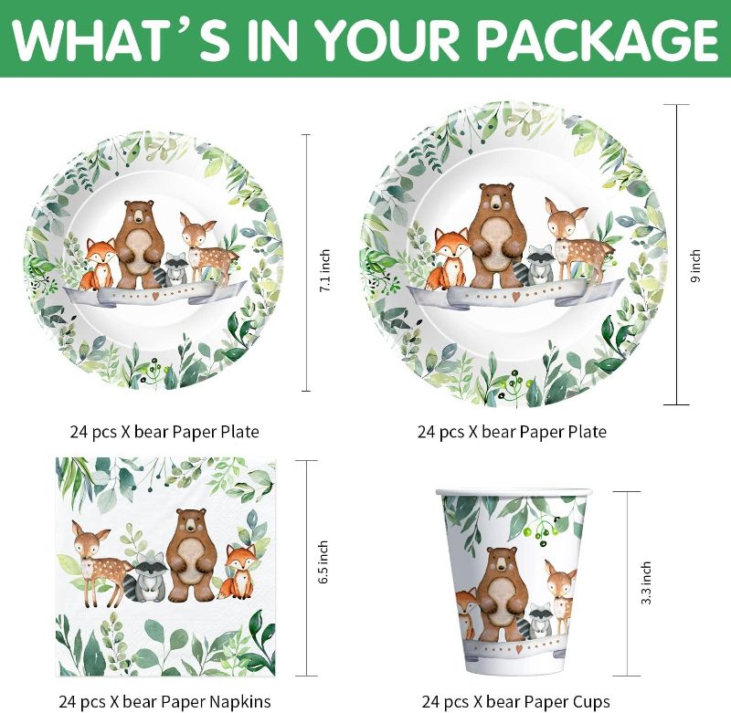 Photo 2 of HIPVVILD Woodland Baby Shower Decorations Tableware - Woodland Birthday Party Supplies Include Plates, Napkins, Cup, Woodland Creatures Forest Animal Friends Theme Party Supplies Dinnerware | Serve 24