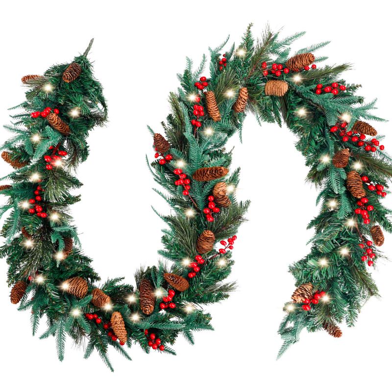 Photo 1 of FUNARTY Christmas Garland with 50 Lights for Mantle, 9ft Battery Operated Lighted Christmas Garlands with Pinecones Red Berries for Outdoor Holiday Home Fireplace Decorations
