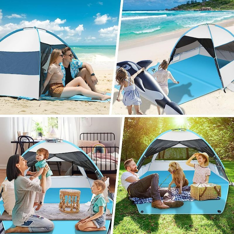 Photo 2 of Large Easy Setup Beach Tent,Anti-UV Beach Shade Beach Canopy Tent Sun Shade with Extended Floor & 3 Mesh Roll Up Windows Fits 3-4 Person,Portable Shade Tent for Outdoor Camping Fishing (Silver)