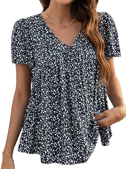 Photo 1 of V-neck Floral Top T-shirt, Casual Loose Short Sleeves, Summer - large 
