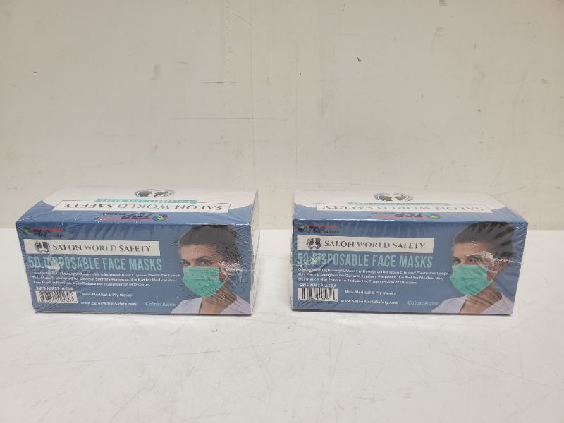 Photo 2 of PACK OF 2 - Salon World Safety Aqua Masks (SEALED Dispenser Box of 50 per pack) - 3 Layer Disposable Protective Face Masks with Nose Clip and Ear Loops  