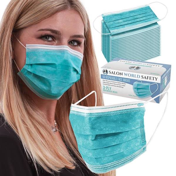 Photo 1 of PACK OF 2 - Salon World Safety Aqua Masks (SEALED Dispenser Box of 50 per pack) - 3 Layer Disposable Protective Face Masks with Nose Clip and Ear Loops  