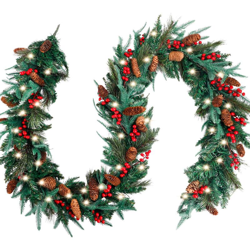 Photo 1 of FUNARTY Christmas Garland with 50 Lights for Mantle, 9ft Battery Operated Lighted Christmas Garlands with Pinecones Red Berries for Outdoor Holiday Home Fireplace Decorations 