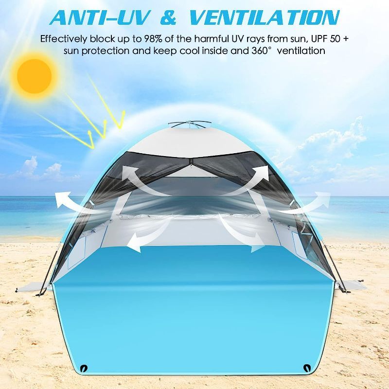 Photo 1 of Large Easy Setup Beach Tent,Anti-UV Beach Shade Beach Canopy Tent Sun Shade with Extended Floor & 3 Mesh Roll Up Windows Fits 3-4 Person, Portable Shade Tent for Outdoor Camping Fishing (Silver)