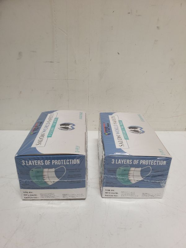 Photo 2 of 2 boxes of - Salon World Safety Aqua Masks (SEALED Dispenser Box of 50 per pack) - 3 Layer Disposable Protective Face Masks with Nose Clip and Ear Loops 