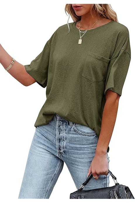 Photo 1 of Misng Women's Crewneck Summer T Shirt Short Sleeve Casual Loose Tops with Pocket, Green Half Sleeve Oversized T Shirts - small 