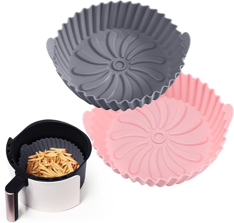 Photo 1 of 2 PC Collapsible  Air Fryer Liners for 3 to 5 QT, Air Fryer Silicone Liners, reusable air fryer liners, (grey + pink,