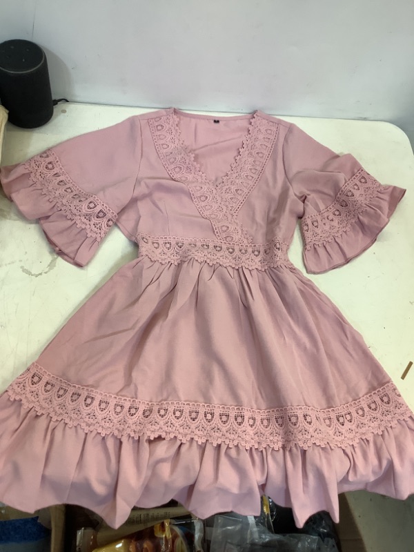 Photo 1 of Ferlema Womens Summer Dresses Wrap V Neck Ruffle Short Sleeve A Line Smocked Casual Short Mini Dresses Pink Small