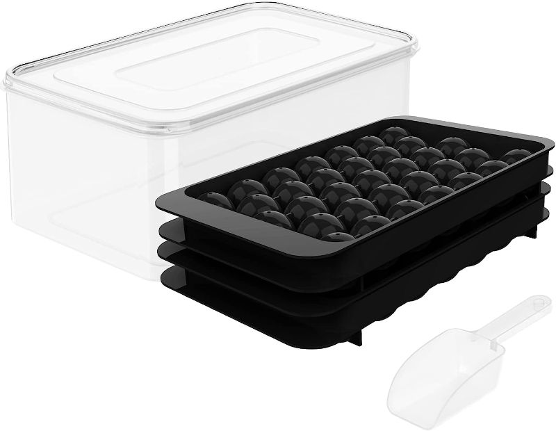 Photo 1 of Round Ice Cube Tray with Lid Ice Ball Maker Mold for Freezer with Container Mini Circle Ice Cube Tray Making 66PCS Sphere Ice Chilling Cocktail Whiskey Tea Coffee(2 Black Trays 1 ice Bucket & Scoop)
