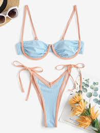 Photo 1 of ZAFUL Ribbed Contrast Piping Underwire Thong Bikini Swimwear - Light Blue & Pink SMALL