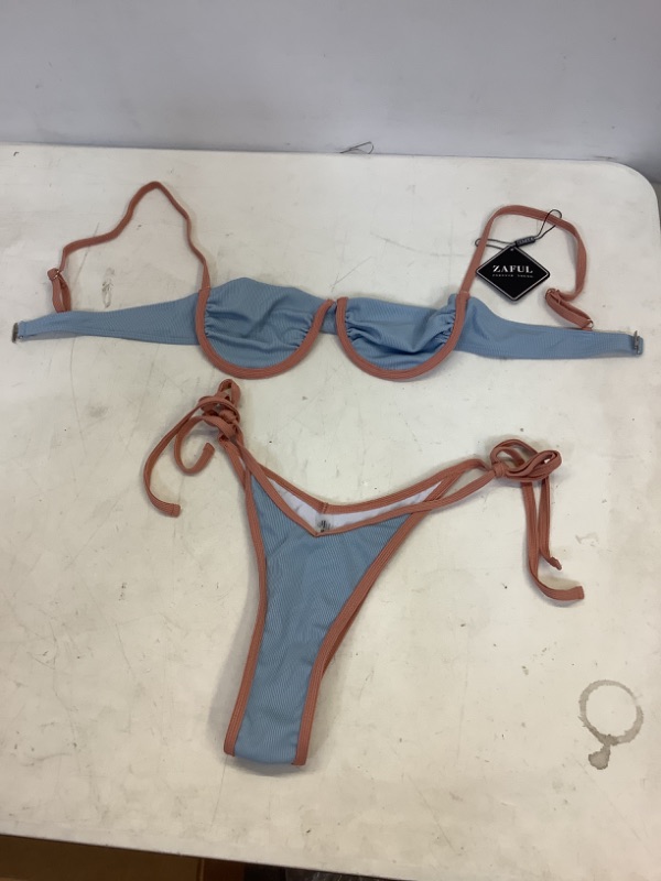 Photo 2 of ZAFUL Ribbed Contrast Piping Underwire Thong Bikini Swimwear - Light Blue & Pink SMALL