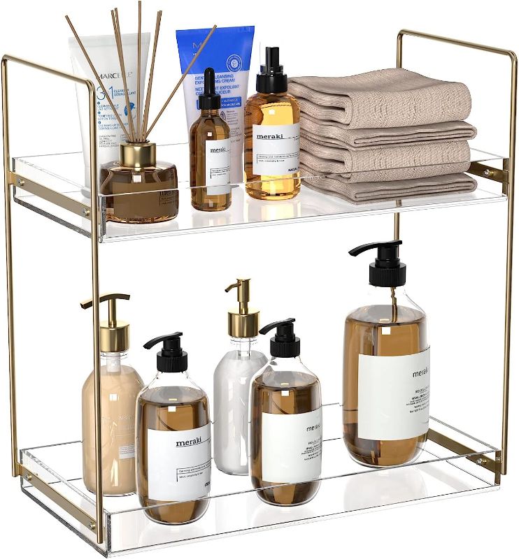 Photo 1 of Bathroom Countertop Organizer, 2 Tier Acrylic Tray Vanity Counter Skincare Organizer Shelf, Kitchen Under Sink Standing Rack, Home Storage Holder for Lotion Makeup Cosmetics Perfume Spice, Gold