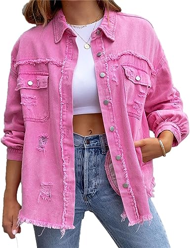 Photo 1 of VIVICOLOR Women's Ripped Jean Jacket Jean Jacket Women's Oversized Denim Trucker Jackets Size M 