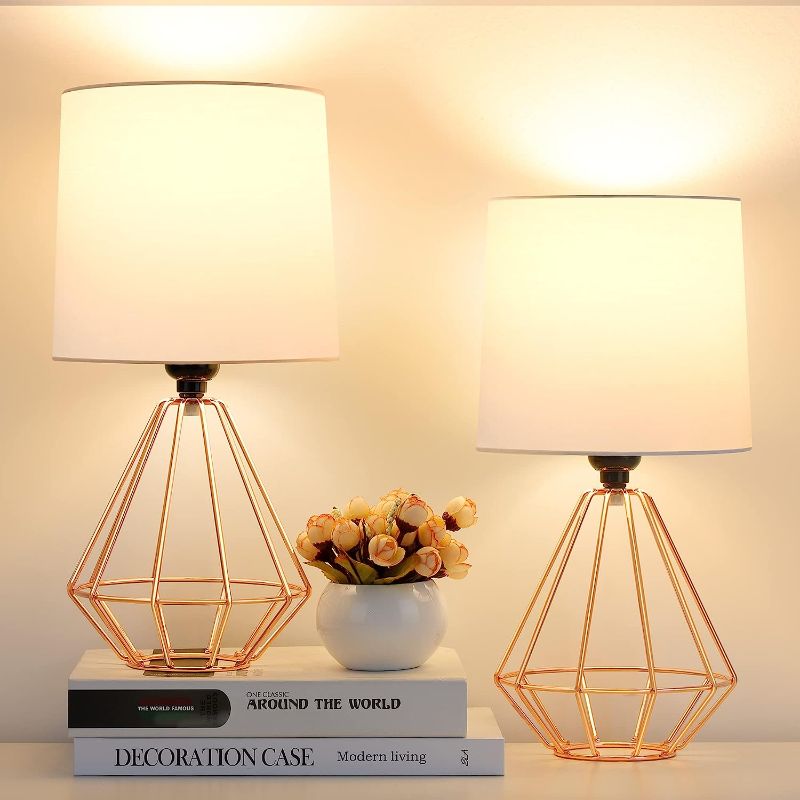 Photo 1 of GGOYING Set of 2 Table Lamp, Bedside Lamp with Simple Rose Gold Metal Base, Fabric Shade for Nightstand Bedroom Living Room Office Working Reading