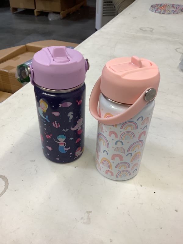 Photo 2 of Fimibuke Kids Insulated Water Bottle - 14oz BPA-FREE Double Wall Vacuum Tumbler 18/8 Stainless Steel Leak Proof Kids Cups with Straw Metal Water Bottle for School Boy Girl (2 Pack, RAINBOW+MERMAID) 2 A7. RAINBOW+MERMAID