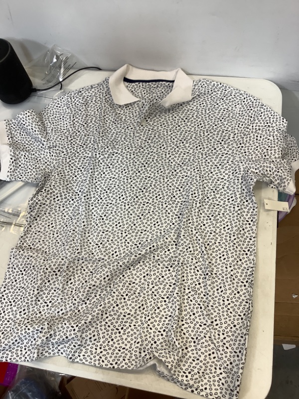 Photo 2 of Amazon Essentials Men's Regular-Fit Cotton Pique Polo Shirt Large White/Navy, Geo Print