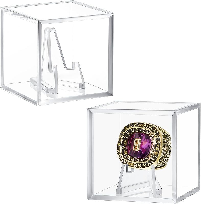 Photo 1 of Championship Ring Display Case Clear Acrylic Display Case Mini Acrylic Easel Stands Challenge Coin Holder Acrylic Stands for Display Box and Stand Holder Clear UV Ring Holder, 1.77 Inch Tall (2 Sets)