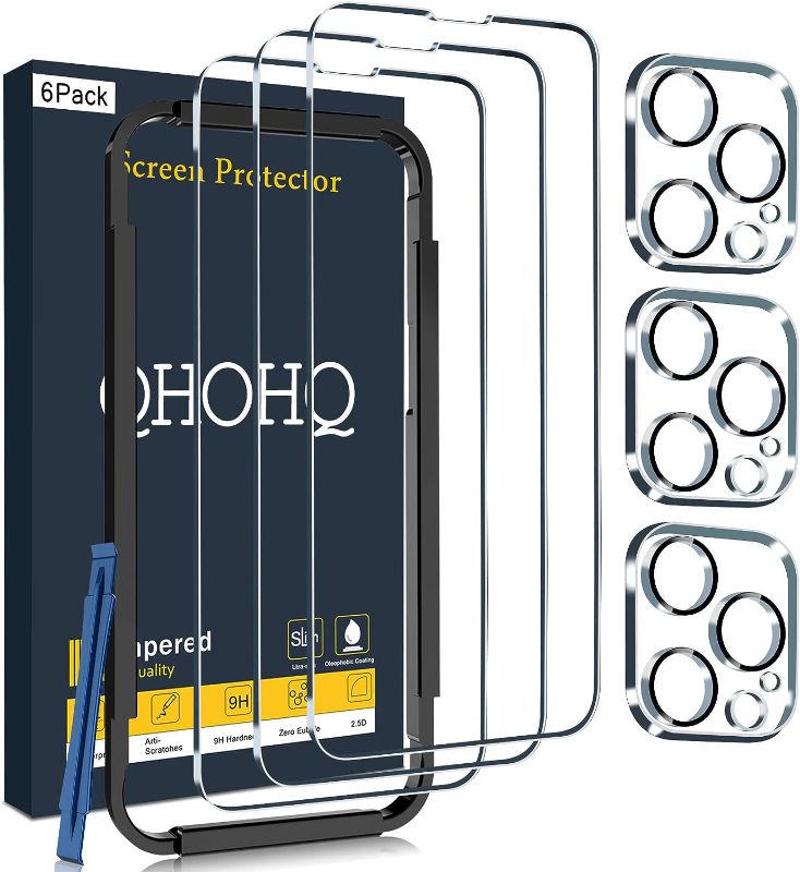 Photo 2 of QHOHQ 3 Pack Screen Protector for iPhone 14 Pro 6.1 Inch with 3 Pack Tempered Glass Camera Lens Protector, Ultra HD, 9H Hardness, Scratch Resistant, Case Friendly