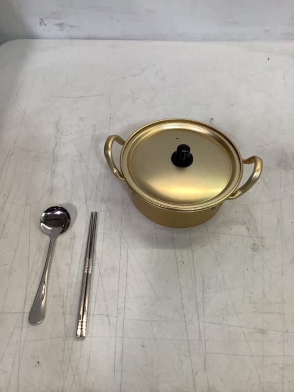 Photo 2 of Korean Ramen Pot with Lid: 16cm Aluminum Ramen Cooking Pot With Spoon and Chopsticks Fast Heating Korean Cookware for Noodle Ramen Golden