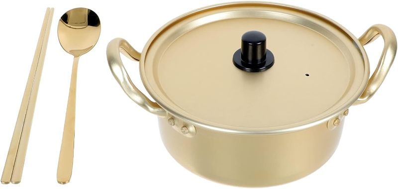 Photo 1 of Korean Ramen Pot with Lid: 16cm Aluminum Ramen Cooking Pot With Spoon and Chopsticks Fast Heating Korean Cookware for Noodle Ramen Golden