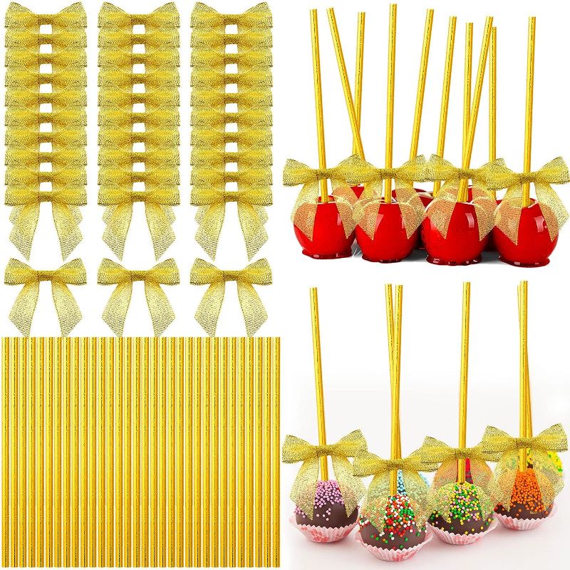 Photo 1 of Cake Pop Sticks and Bows Kit for Cake Pops, Candies, Lollipops, Chocolates and Cookies Decorating, Include 100 Satin Ribbon Twist Tie Bows and 100 Paper Striped Straws for Party Supplies