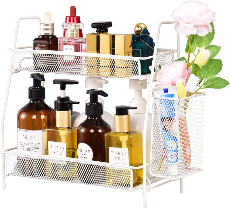 Photo 1 of LEMIKKLE Countertop Organizer for Bathroom Counter, The Organizer for Bedroom, Spice Rack Organizer for Kitchen Counter Shelf with Small Basket(White)