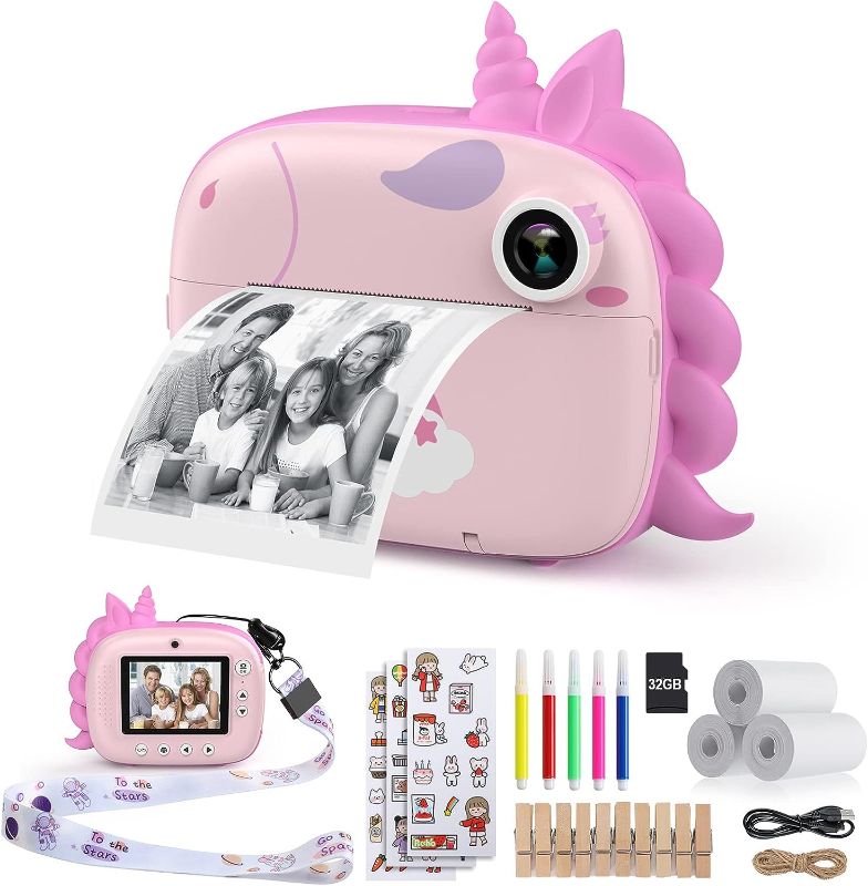 Photo 1 of HiMont Kids Camera Instant Print, Digital Camera for Kids with Zero Ink Print Paper & 32G TF Card, Selfie Video Camera with Color Pens & Photo Clips for DIY, Gift for Girls Boys 3-12 Years Old