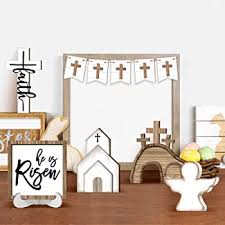 Photo 1 of Easter Tiered Tray Decor Easter Table Wooden Sign Rustic Farmhouse Decor Spring Faith Decorative Signs for Spring Easter Table Holiday 