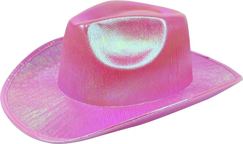 Photo 1 of GiftExpress Pink Space Holographic Cowgirl Hat | Neon Pink Shiny Sparkly Glittering Cowboy Hat for Western Cowboy Themed Party Supply LED Light up 
