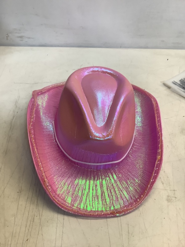 Photo 2 of GiftExpress Pink Space Holographic Cowgirl Hat | Neon Pink Shiny Sparkly Glittering Cowboy Hat for Western Cowboy Themed Party Supply LED Light up 
