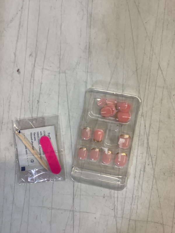 Photo 1 of French Tip Press on Nails Short Square Fake Nails Full Cover Acrylic Nails Gold Glitter Nail Tips Glossy Nude Nails Cute Press on Nails Short Stick on Nails for Women and Girls Manicure 24Pcs