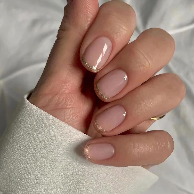 Photo 1 of French Tip Press on Nails Short Square Fake Nails Full Cover Acrylic Nails Gold Glitter Nail Tips Glossy Nude Nails Cute Press on Nails Short Stick on Nails for Women and Girls Manicure 24Pcs