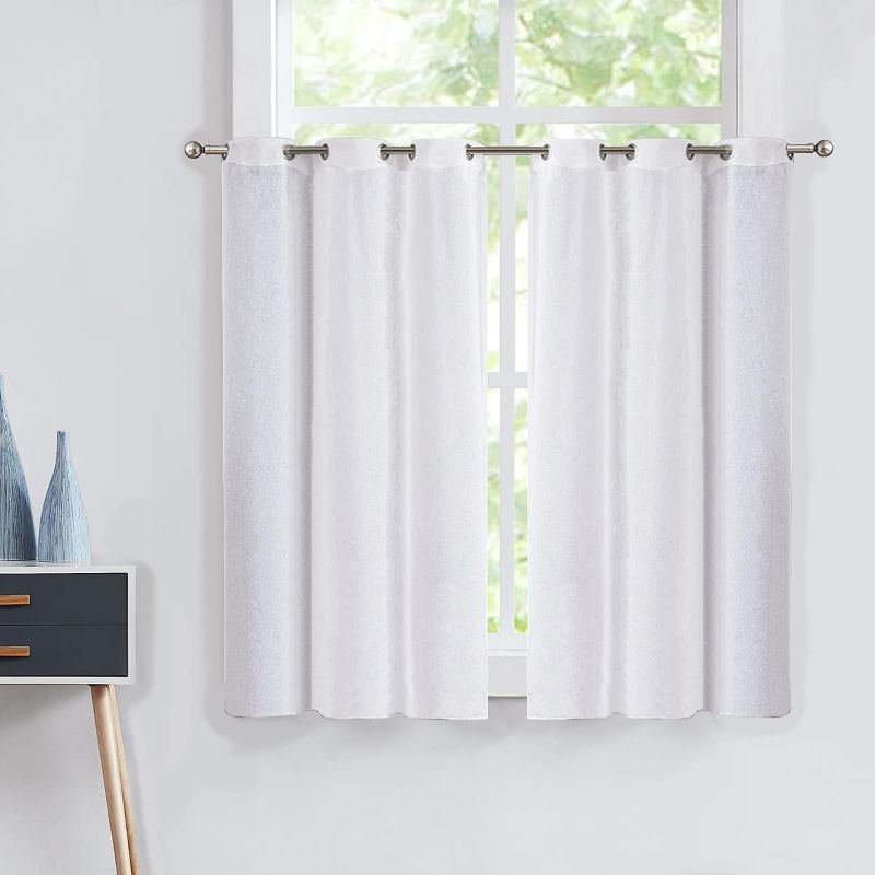 Photo 1 of Fragrantex White Sheer Short Curtains for Kitchen Windows 45 inches Long for Small Window Light Filtering Cafe Curtains Grommet Top Bathroom Window Treatment Set 40" W x 45" L 2Panel