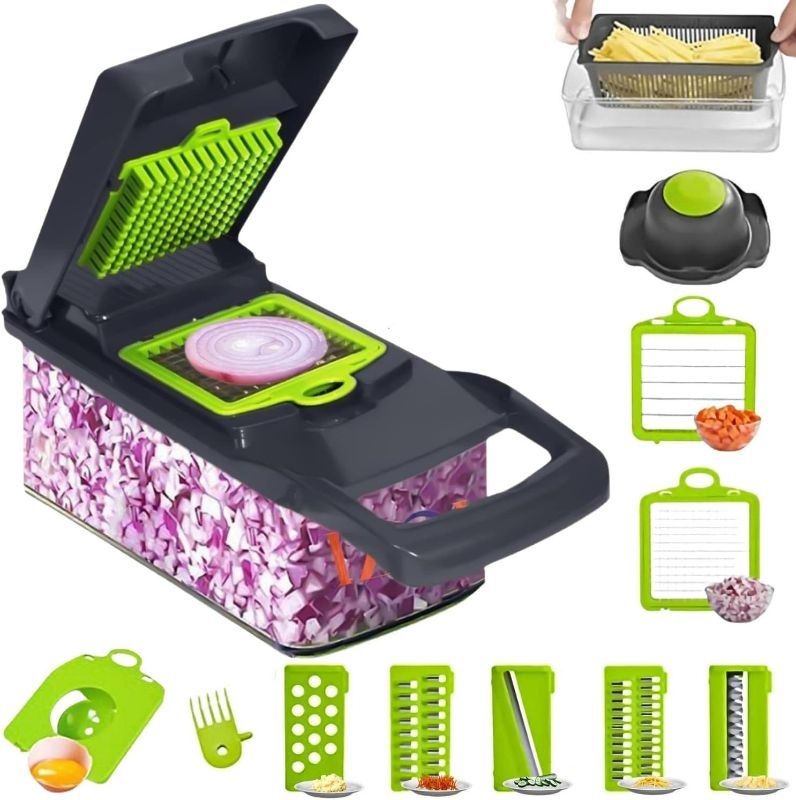 Photo 1 of izoi, 14-Multi-Functional Vegetable Chopper with Container, Onion Chopper Dicer - Food Chopper, Veggie Cutter and Simplify Meal Prep with 8 Blade & Colander Basket - Free Peeler