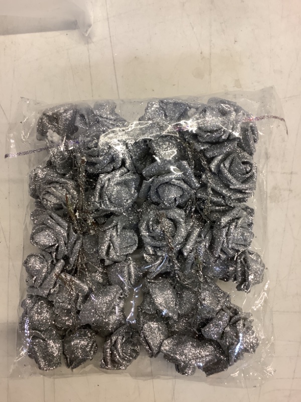 Photo 2 of INSUNSIX Silver Roses,60pcs Glitter Roses 1.57in Silver Foam Roses Silver Flowers with Stems for DIY Wedding Bouquets Party Home Decor(Silver)