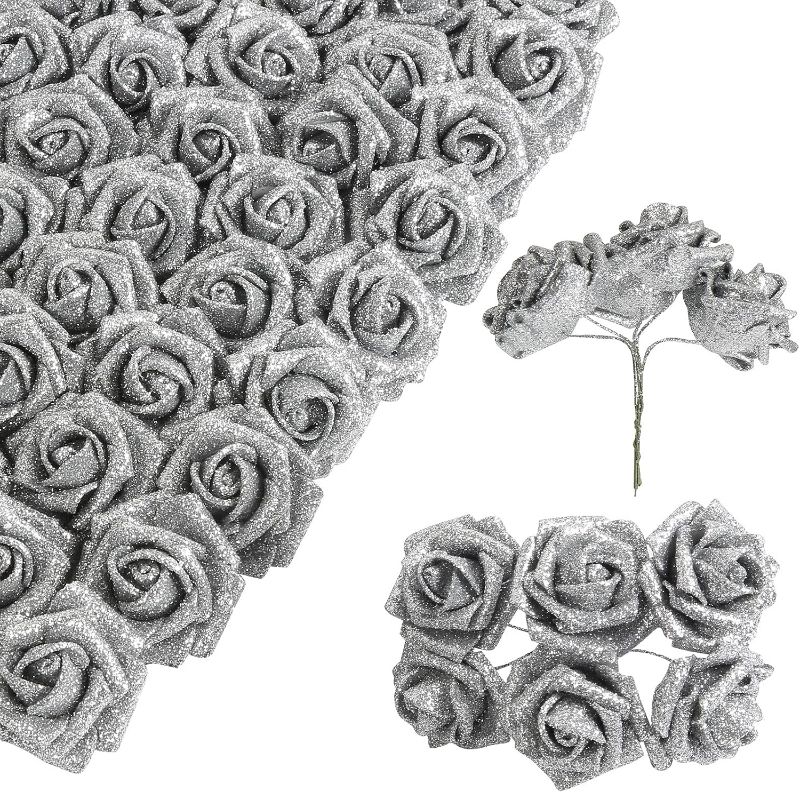 Photo 1 of INSUNSIX Silver Roses,60pcs Glitter Roses 1.57in Silver Foam Roses Silver Flowers with Stems for DIY Wedding Bouquets Party Home Decor(Silver)