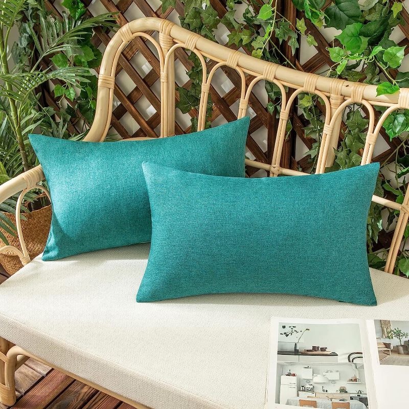 Photo 1 of Woaboy Set of 2 Outdoor Waterproof Throw Pillow Covers Decorative Farmhouse Pillowcase Solid Cushion Cases for Bed Sofa Couch Car Living Room Turquoise  12 x 20