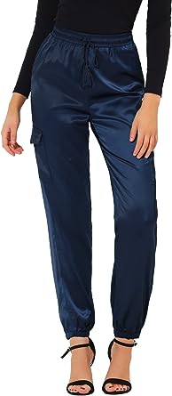 Photo 1 of Allegra K Women's Satin Joggers Drawstring Elastic High Waist Silky Satin Cargo Pants X-small 