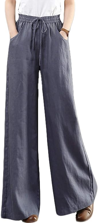 Photo 1 of Hongsui Women's Cotton Linen Palazzo Pants Drawstring Waist Wide Leg Loose Trousers with Pockets Gray Blue MEDIUM 