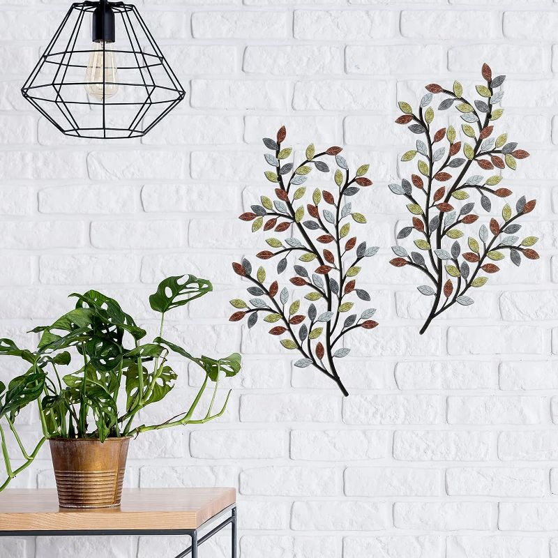 Photo 1 of Metal Tree Leaf Wall Decor 2 Pcs Vine Olive Branch Leaf Wall Art Scroll over Bed Wall Decor over the Door Blowing Leaves Wall Decor Wrought Iron Wall Decor Living Room Outdoor Decor