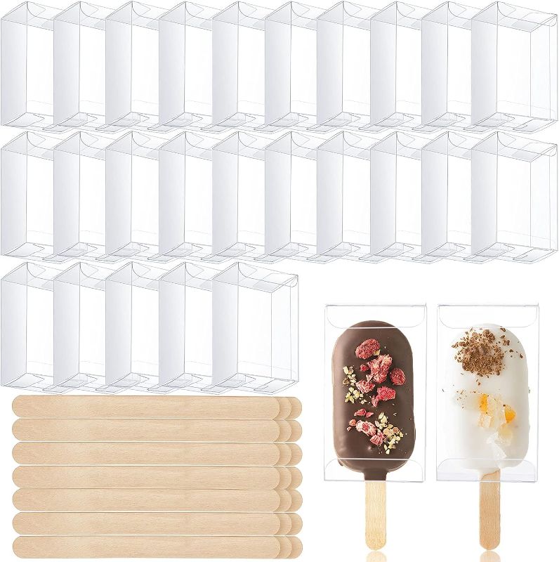 Photo 1 of 72 Pieces Ice Cream Cakesicle Boxes Set Include Clear PET Cake Boxes Plastic Candy Gift Bags and 25 Pieces Wooden Sticks Treat Boxes for DIY Baking Wedding Baby Shower Kids Birthday Party