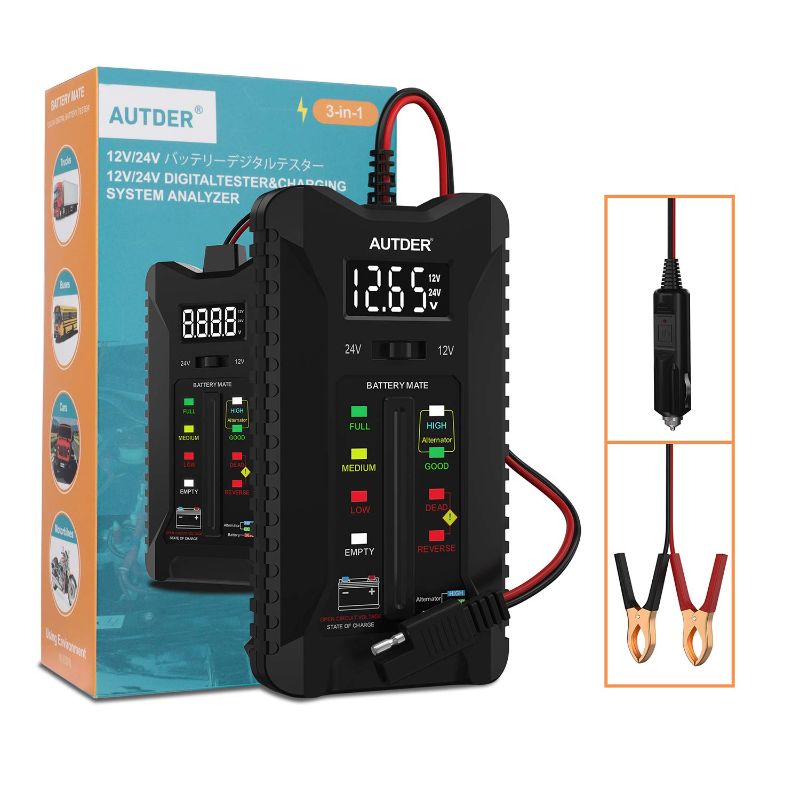 Photo 1 of AUTDER 12V/24V Digital Car Battery Tester, Battery Condition Tester & Alternator Charging System Analyzer, Automotive Voltmeter with LCD Display and LED Indication, Lead Length 23.6 Inches