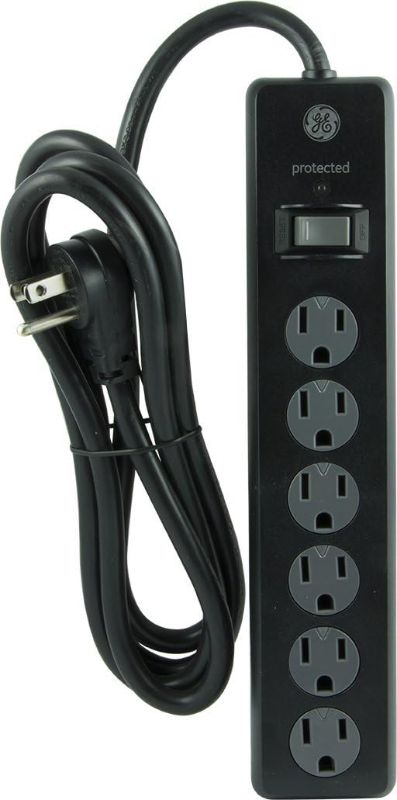 Photo 1 of GE General Purpose 6-Outlet Surge Protector, 6 ft Extension Cord, 800 Joules, Twist-to-Close Safety Outlet Covers, Flat Plug, Protected Indicator Light, Integrated Circuit Breaker, Black, 14091